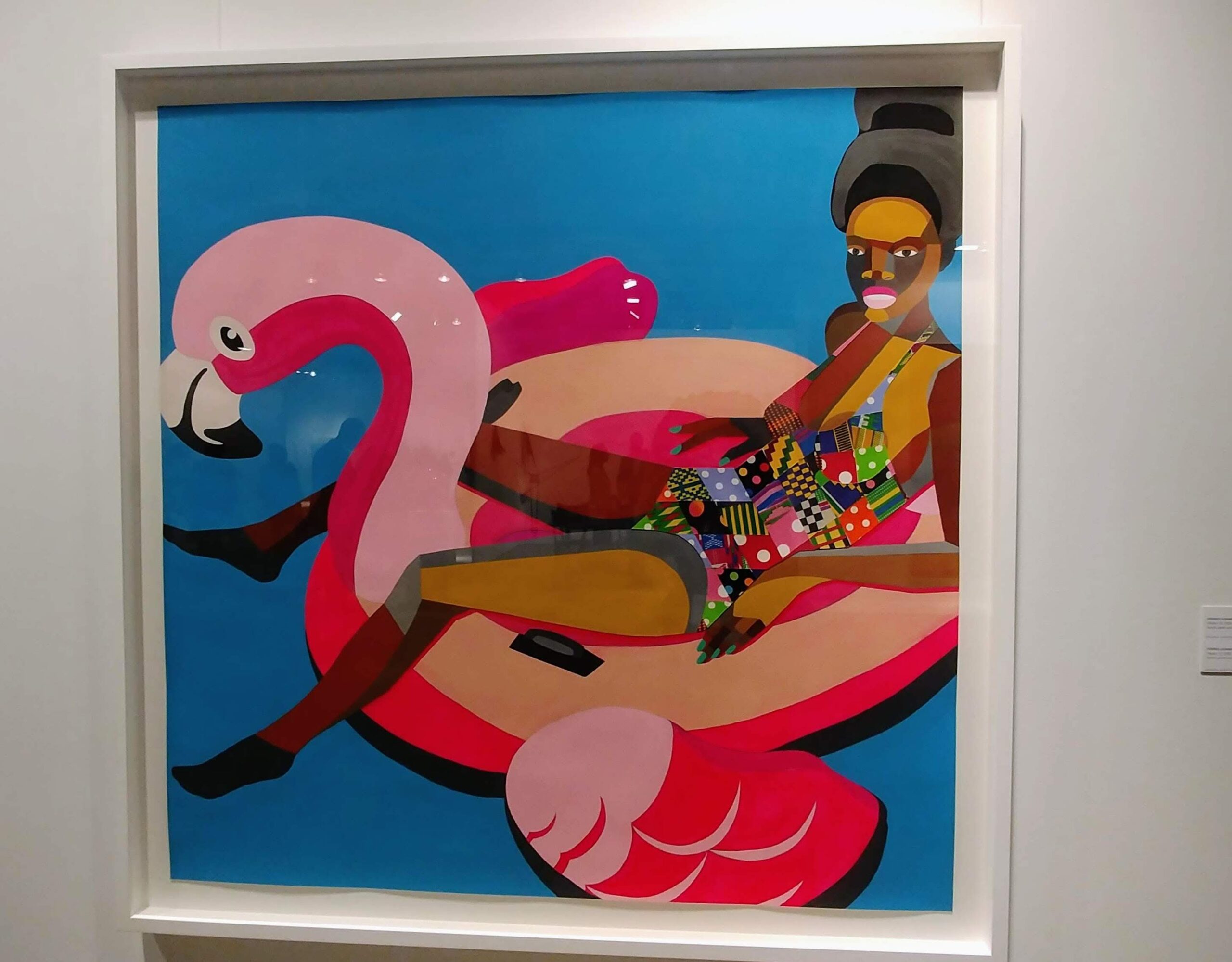 abstract art print with a lady sitting on a pink flamingo floaty - Expo 2018 Floater 75, 2018 ©Derrick Adams.